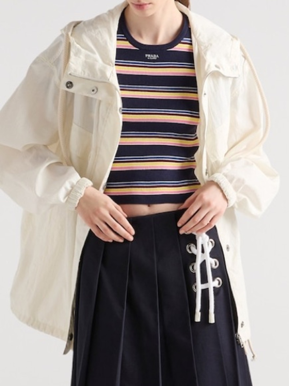Prada Stripe Cotton Short-Sleeve Crewneck Sweater Blouse